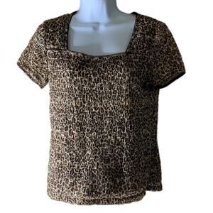 East 5th Leopard Top Womens M Short Sleeves Square Neck Stretch Casual Pullover